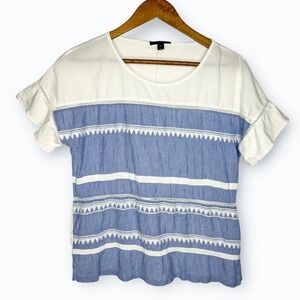 J. Crew Cotton Bohemian Shirt Crochet Stripes Embroidered Blue White Size Medium
